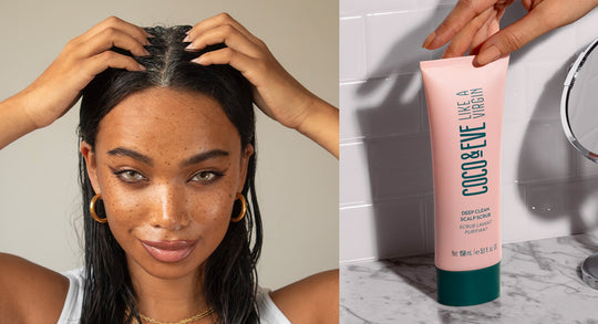 Image of girl on the left and scalp scrub on the right