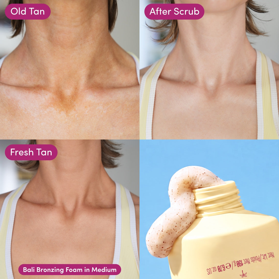 Four-panel skincare result and product shot: two close-up neck photos show skin tone progression from old tan to fresh tan after scrub, and the bottom-right panel shows a yellow bottle with a dollop of bronzing foam against a blue background. Text labels read 'Old Tan,' 'After Scrub,' 'Fresh Tan,' and 'Bali Bronzing Foam in Medium.