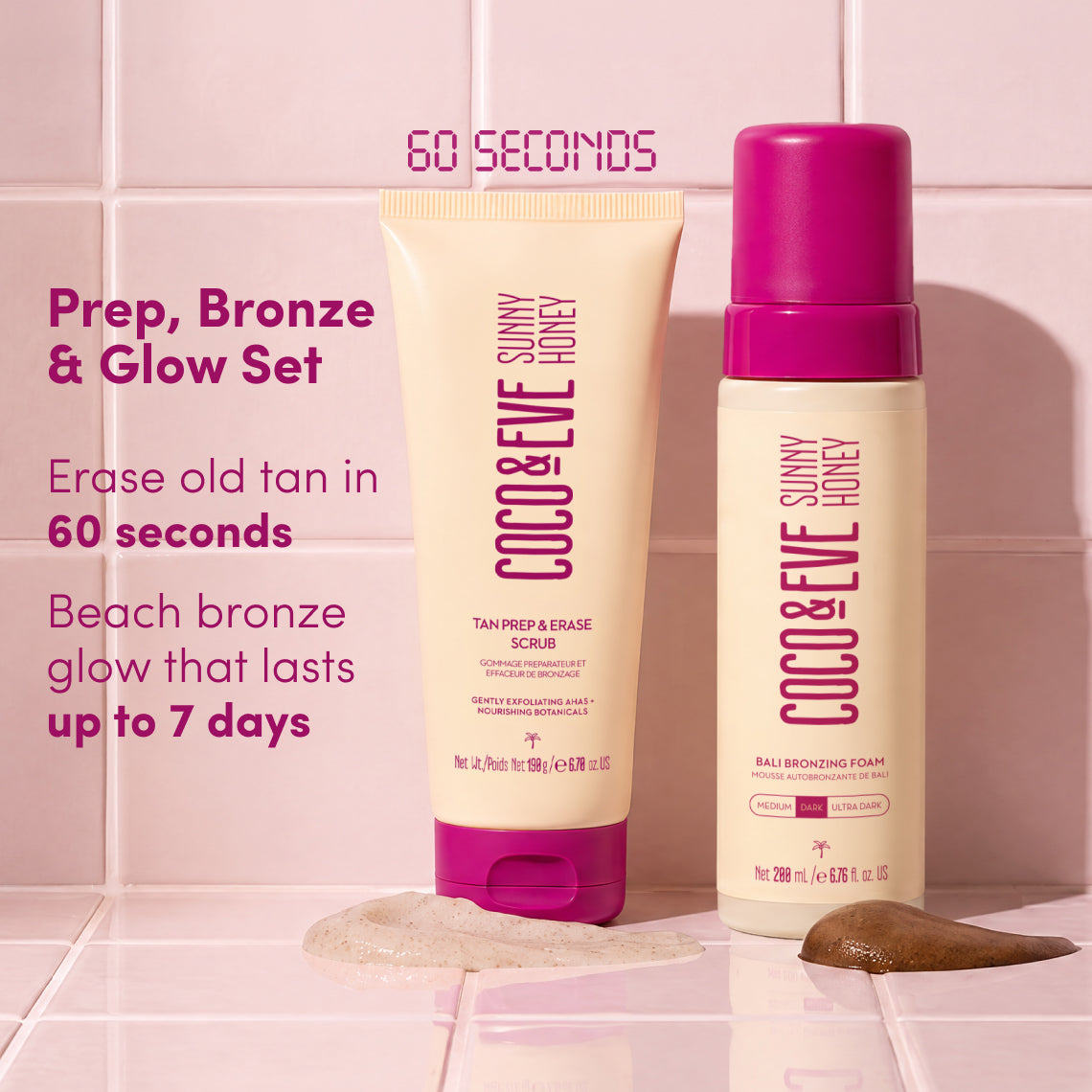 Coco & Eve Sunny Honey Ball Bronzing Foam and Tan Prep & Erase Scrub set against a pink tiled background with promotional text overlays.